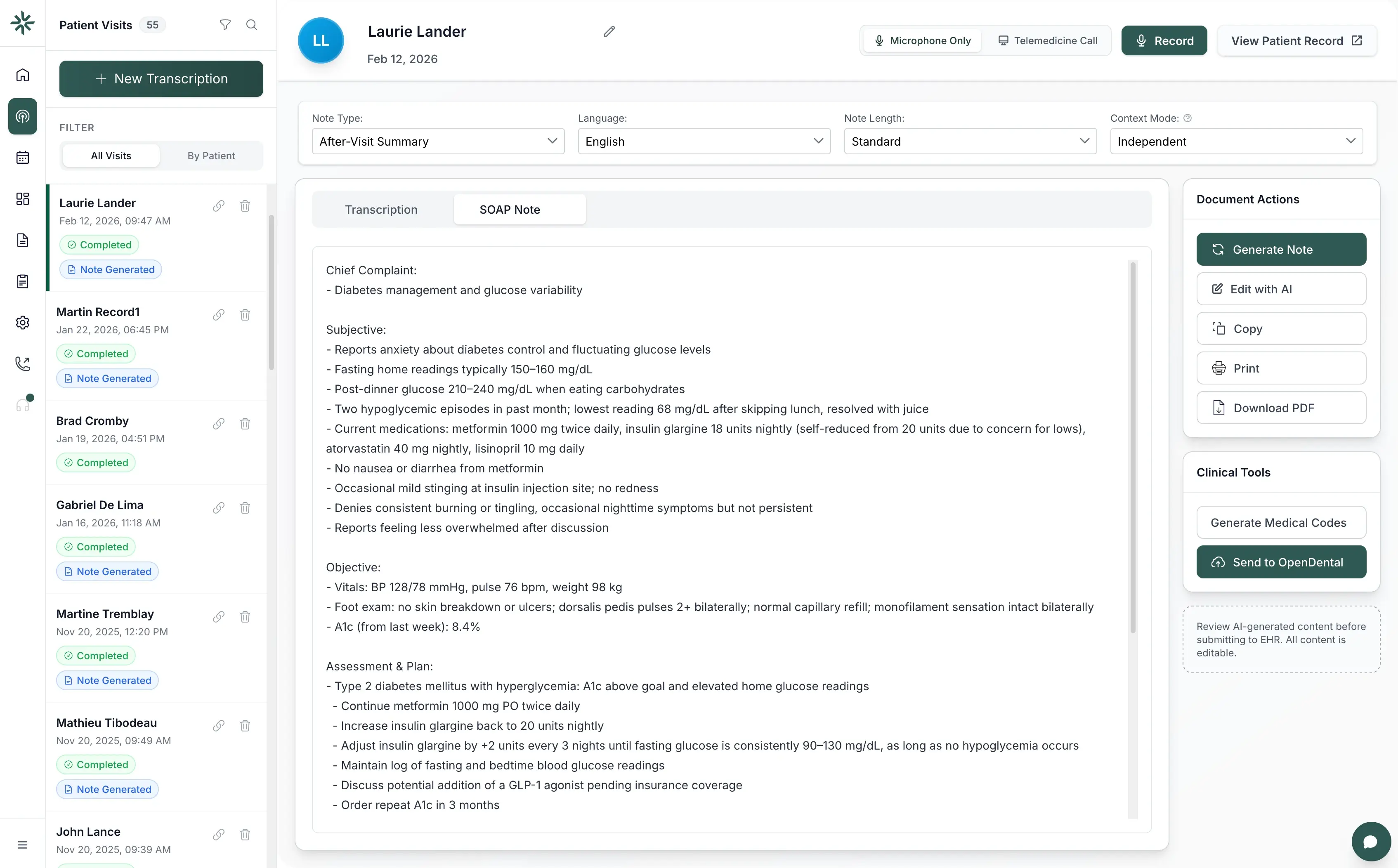 Note clinique structurée générée à partir de la consultation