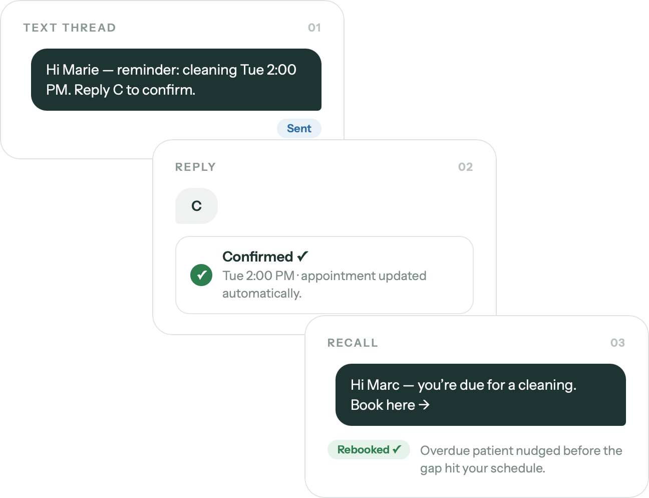 Claio Patient Recall flow — reminder text sent, patient confirms with one reply, overdue patient rebooked
